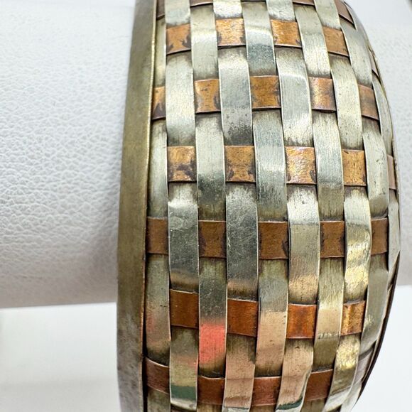 Vtg Woven Mixed Metal Brass Chunky Bangle Bracelet Boho Bohemian Copper Silver - Picture 9 of 13